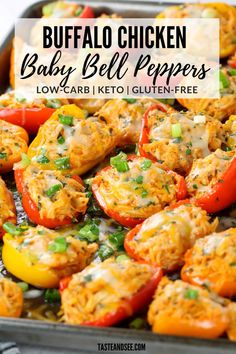 buffalo chicken baby bell peppers in a baking pan with text overlay that reads buffalo chicken baby bell peppers low - carb keto gluen - free