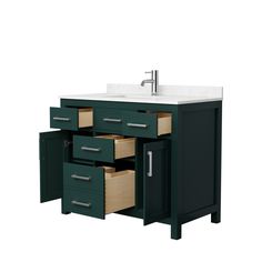 a bathroom vanity with two drawers and a white counter top that has an open drawer underneath it