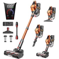 four different views of the same vacuum cleaner and its attachments, including one with an automatic