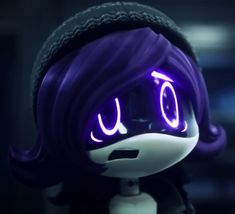 a close up of a doll with purple hair and eyes glowing in the dark,