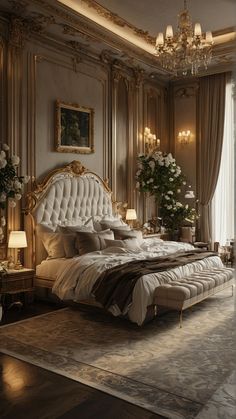 a large bed sitting in the middle of a bedroom next to a chandelier