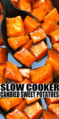 sweet potatoes in a skillet with the words slow cooker candied sweet potatoes