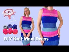 a woman is wearing a dress made out of yarn and knitting needles with the words diy knit maxi dress