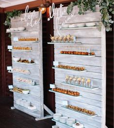 two wooden shelves with desserts on them