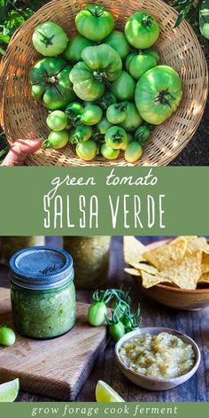 green tomatoes in a basket with salsa and tortilla chips