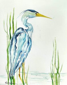 a watercolor painting of a blue heron standing in tall grass by the ocean's edge