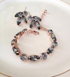 Bracelet and/or earrings set, Swarovski gray crystal earrings, gray, grey, rhinestone leaf earrings, vintage wedding, black diamond Bracelet And Earring Set, Gray Earrings, Costume Jewelry Sets, Set Bracelet, Wedding Black, Wide Bracelet, Gorgeous Bracelet, Wedding Jewelry Sets, Earrings Vintage