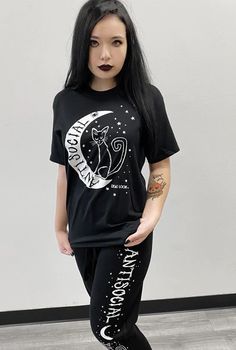 AntiSocial Cat Witch Moon Boyfriend SS Tee- Black – Demi Loon Alternative Clothing Black Relaxed Fit T-shirt With Cat Print, Witchy Shirt, Witch Moon, Cute Goth, Pin Up Outfits, All Black Everything, Mom Tees, Gothic Outfits, Boyfriend Tee