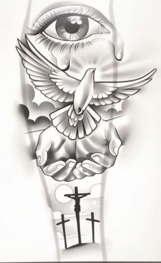 a tattoo design with an eye, cross and dove in the sky on it's arm