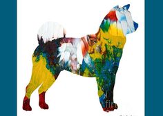 a painting of a dog with feathers all over it's body and tail, standing in front of a white background