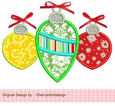 three ornament designs on a white background with red, yellow and green ribbons