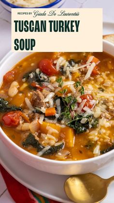 a bowl of tuscann turkey soup with spinach and tomatoes