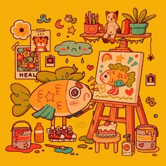 an image of a cartoon fish in front of a easel with art supplies on it