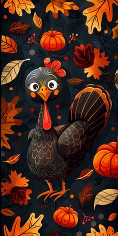 a turkey is surrounded by fall leaves and pumpkins on a black background with orange, yellow, and red colors