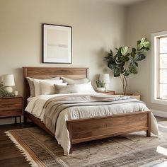 a bedroom with a bed, nightstands and plants in the corner on the wall