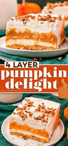 four layer pumpkin delight cake on plates with the title overlay reading 4 layer pumpkin delight