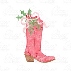 a pink cowboy boot with holly and mist on the heel, in front of a white background