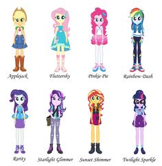 some cartoon characters are standing together in different outfits and colors, with the names of each character