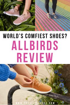 A pink, gray and tan pairs of Allbirds shoes that are the most comfortable and cute shoes for travel and everyday. Bird Tree