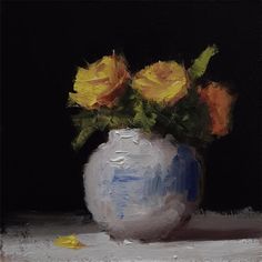 a painting of yellow roses in a blue and white vase