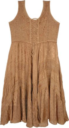 An all-season sleeveless tank dress in a vintage bohemian tan brown color with heavy embroidery.  With a simple scooped neck and tie-ups at the front, it is quite comfortable to wear. #tlb #Sleeveless #Embroidered #Lace #MedievalDress #RenaissanceDress #WesternDress Hippie Sleeveless Brown Dress, Brown Sleeveless Bohemian Dress, Peasant Style Sleeveless Summer Dress, Peasant Sleeveless Dresses For Spring, Sleeveless Peasant Summer Dress, Sleeveless Peasant Dress For Spring, Spring Sleeveless Peasant Dress, Summer Sleeveless Peasant Dress, Brown Peasant Summer Dress