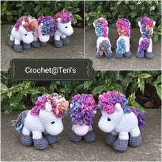 crocheted unicorns with flowers on their heads are shown in three different pictures