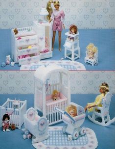 there are two pictures of dolls in the same room, and one has a baby crib