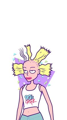 a drawing of a woman with blonde hair wearing shorts and a t - shirt that says 90's girl