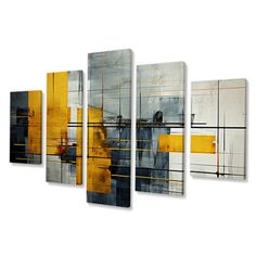 an abstract painting with yellow and grey colors on the wall in front of a white background