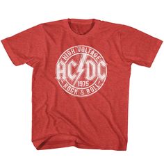 An officially licensed AC DC youth shirt that fits both boys and girls with its traditional silhouette. Made from a comfortable blend of cotton/polyester. The t-shirt features a vintage design that reads High Voltage 1975 Rock and Roll. This shirt makes the perfect gift for fans of the Australian rock and roll band. Size X-Small(5/6), Small (7/8), Medium (10/12), Large (14-16), XL (18/20) Rock Baby Clothes, Ac Dc Rock, Vintage Toddler, Rock And Roll Bands, Rock Baby, Rock T Shirts, High Voltage, Rock Roll, Toddler Tees