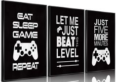 three black and white wall art pieces with video game sayings on the front, one is