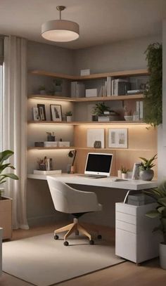 a home office with a desk, shelves and potted plants