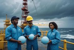 three people in blue work clothes holding balls on the deck of an oil rig with stormy skies behind them