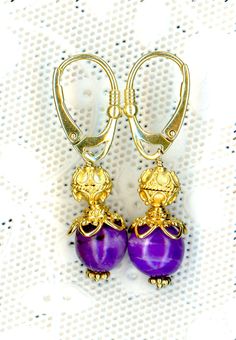 "1.5\" Long  Off Round AAA Sugilite  Fancy Bali Vermeil  Beads and Bead Caps  Euorpean Vermeil Lever Back Ear Wires" Bead Caps, Ear Wires, Jewelry Earrings Dangle, Etsy Accessories, Bali, Dangle Drop Earrings, Violet, Accessory Gift, Dangle Earrings