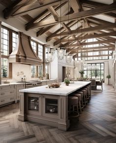 a large kitchen with wooden beams and white counter tops, along with an island in the middle