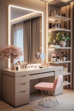 a dressing table with a mirror, stool and flowers in front of the countertop