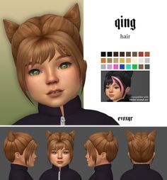 an animation character with different hair styles and color swatches on their faces, including the cat's ears