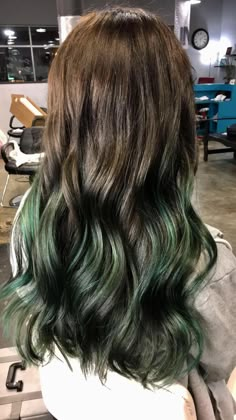 Olive Green Hair Color Highlights, Emerald Green Hair Highlights, Dark Green Highlights In Brown Hair, Dark Green Balayage, Olive Green Hair Color, Green Balayage Hair