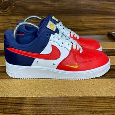 Women's Us 9 / Men's Us 7.5 Red/ White/ Blue *** Faint Writing On Mid Sole Of Right Shoe, As Seen In Last Pic. Gently Used. Smoke Free. No Box. Item Carefully Package, And Ship Asap. Item In Photo, Is The Exact Item You Are Purchasing. Reach Out With Any Questions! Bundle (2) Or More Items, And Save Even More! Follow Us For New Listing! Many More Items To Come. Our Inventory: 9hlm0781 Thanks For Visiting, And Always... Love More! Nike Fashion Shoes, Air Forces, Love More, Nike Fashion, Nike Air Force 1, Air Force 1, Red White Blue, Nike Air Force, New Shoes