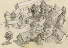 a drawing of a town with lots of houses