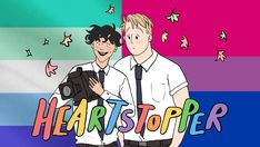 two men standing next to each other with the words heartstopper in front of them