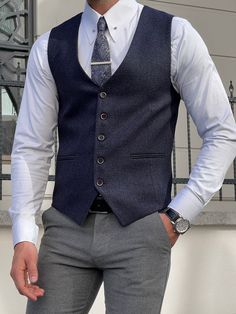 Navy Vest Outfit Mens, Blue Vest Outfit Men, Blue Vest Outfit, Guy Outfits, Navy Blue Vest, Suit Combinations, Chaleco Casual