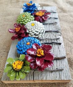 some flowers are sitting on top of a piece of wood