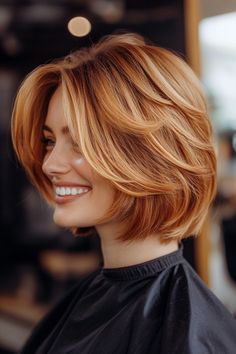 Click for More ➡️ | Save for Later ❤️  A layered bob that adds volume and texture, paired with a playful strawberry blonde color. Ideal for thin hair and a trendy look. (Layered Bob with Strawberry Blonde - Short Hairstyles For Women) Blond Copper Highlights, Red Hair Color Blonde Highlights, Red Hair With Blonde Highlights Bob, Short Blonde And Red Hair, Strawberry Blonde Bob Hair, Copper Blonde Hair Short, Short Haircuts For Women In 40s, Short Copper And Blonde Hair, Shoulder Length Strawberry Blonde Hair