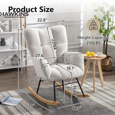 a white rocking chair with measurements for the seat and footrests in front of it