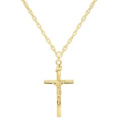 "Keep your faith close to your heart when you don this sterling silver crucifix pendant. Keep your faith close to your heart when you don this sterling silver crucifix pendant. Pendant size: 1 5/8""L x 3/4""W Chain length: 18 in. Chain type: rope Clasp: spring-ring Metal: sterling silver Finish: polished Packaging: boxed Please note, due to the high value of this item, a signature may be required upon delivery. Size: 18"". Color: Yellow. Gender: female. Age Group: adult. Material: Gold Over Ster Ring Metal, Metal Rings, Spring Rings, Cross Pendant, Chain Length, Gender Female, Cross Necklace, Jewelry Necklace Pendant, Jewelry Watches