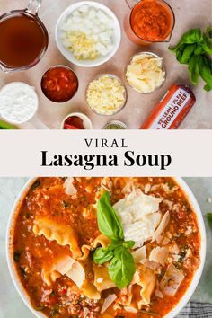 lasagna soup in a white bowl with basil, cheese and other ingredients around it