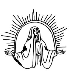 the virgin mary is depicted in this black and white drawing, with rays coming from behind it