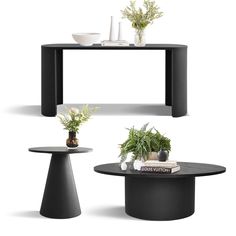 two black tables with plants and books on them