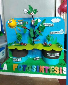 a bulletin board with plants on it and words written in spanish below the image are balloons